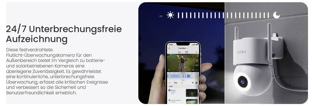 Telecamera di sorveglianza esterna montata a parete. L'app per smartphone mostra le riprese. Il testo enfatizza la registrazione continua e senza interruzioni.
