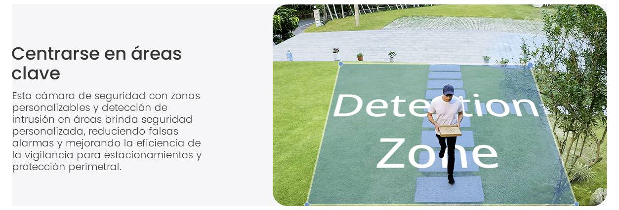 L'immagine 'Concentrarsi su aree chiave' mostra una persona che cammina attraverso una 'Zona di Rilevamento' contrassegnata su un prato, illustrando zone di intrusione personalizzabili.