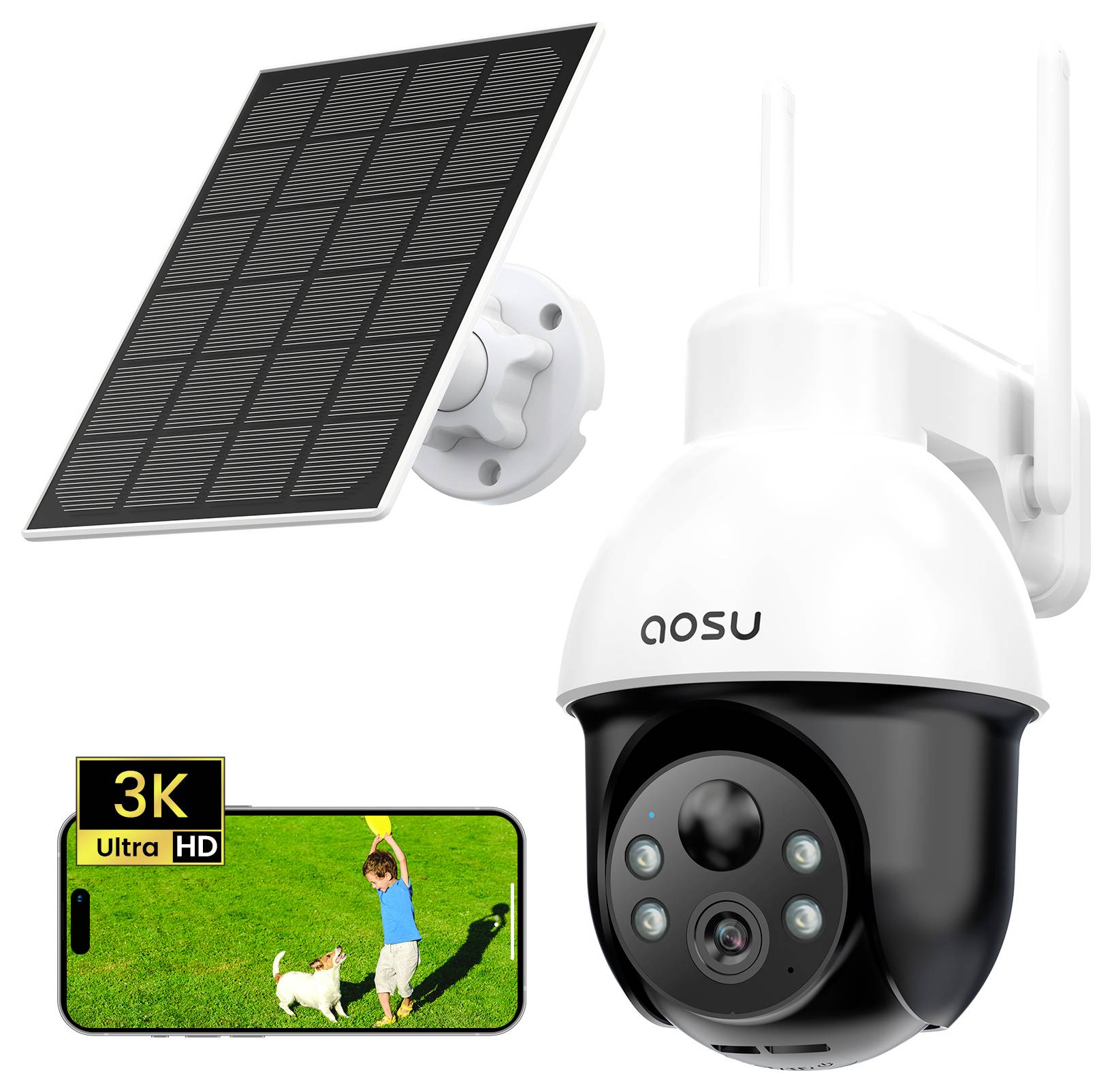 Una telecamera di sicurezza alimentata a energia solare con risoluzione '3K Ultra HD' presenta uno schermo che mostra l'immagine dal vivo di un bambino e un cane sull'erba.