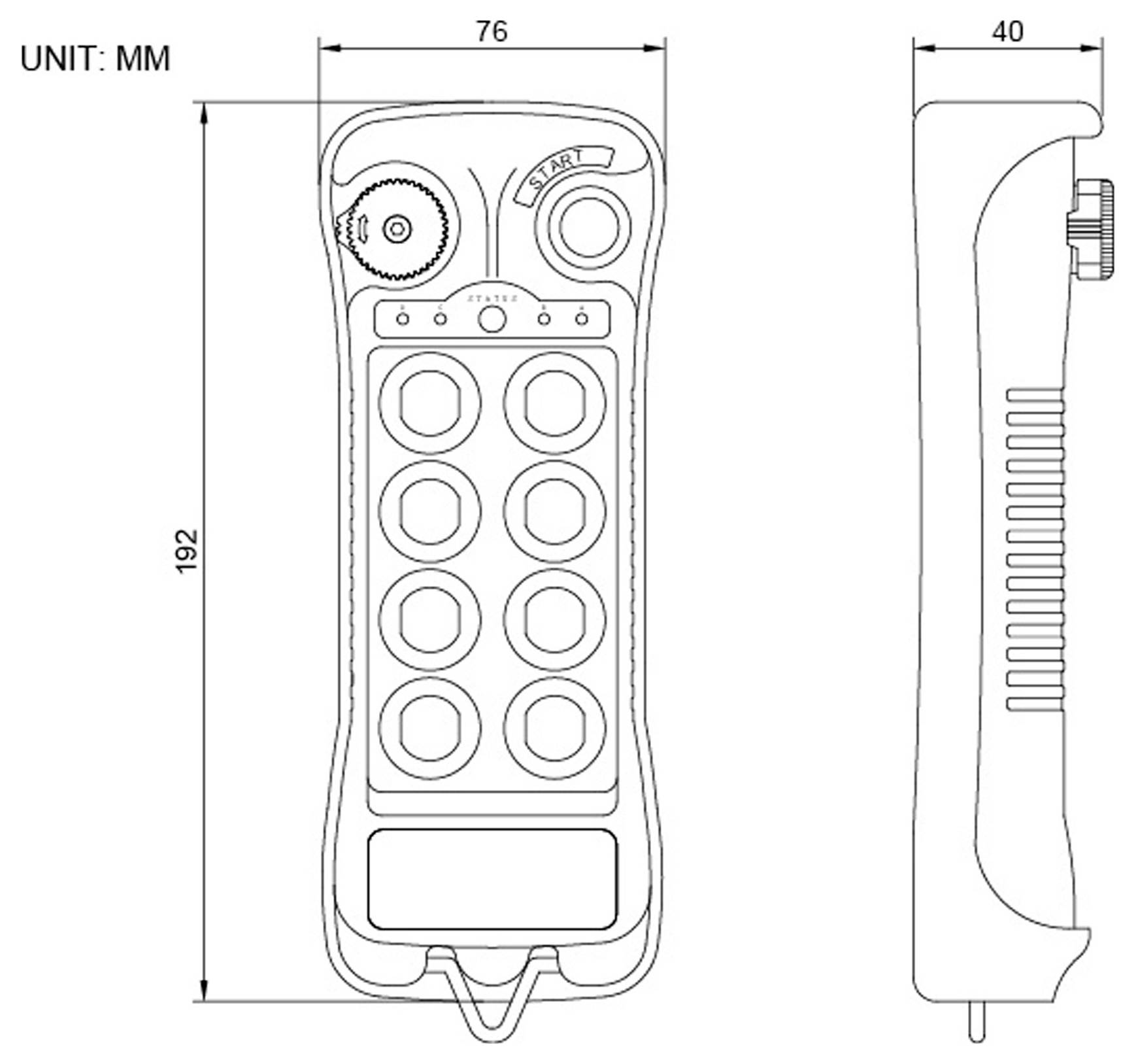 Disegno tecnico di un dispositivo portatile, dimensioni: 192mm x 76mm x 40mm, caratterizzato da nove pulsanti e una manopola di controllo rotante.
