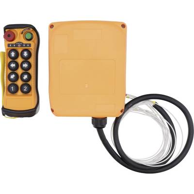 Telecomando arancione e scatola ricevente con cavo, utilizzati per il funzionamento di apparecchiature industriali. Il telecomando è dotato di più pulsanti per la navigazione.