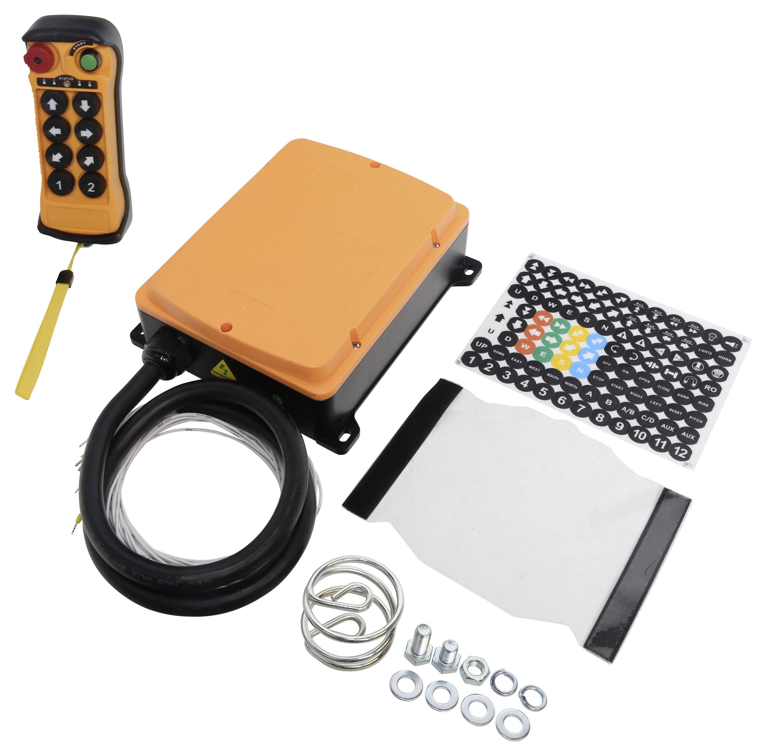 'Sistema di controllo remoto wireless con scatola ricevente, telecomando, molle, cavi, viti e adesivi numerati, utilizzato per il funzionamento di dispositivi elettronici.'
