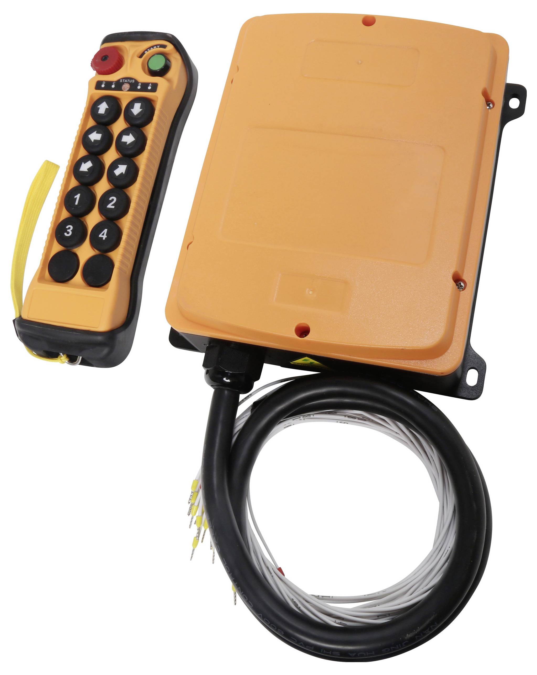 Un sistema di telecomando wireless con una scatola ricevitore arancione e un trasmettitore palmare con pulsanti numerati e due antenne.