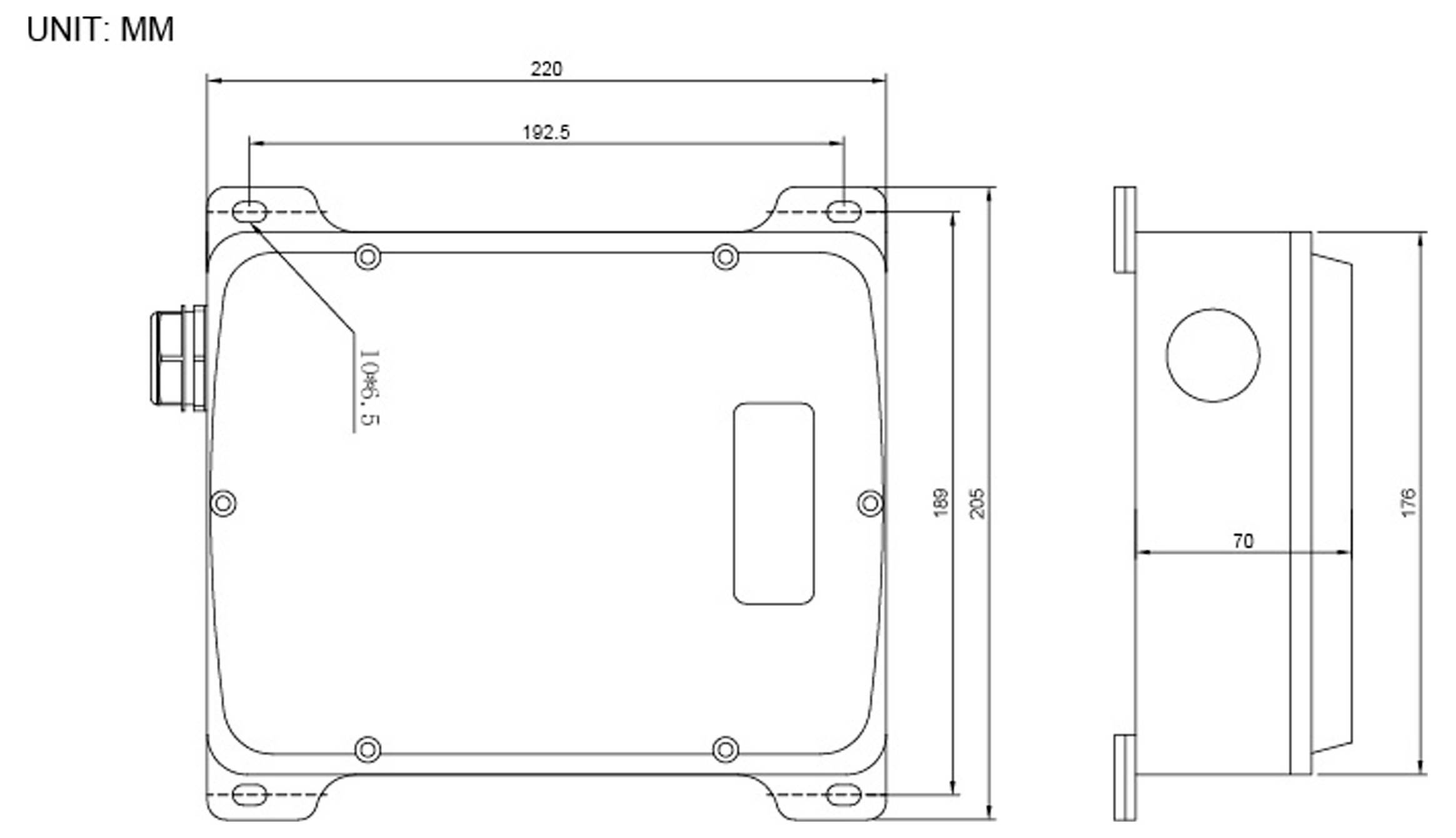 Disegno tecnico di un dispositivo rettangolare, che mostra le misurazioni: 220mm x 180mm x 70mm. Include staffe di montaggio e posizione per un cavo.