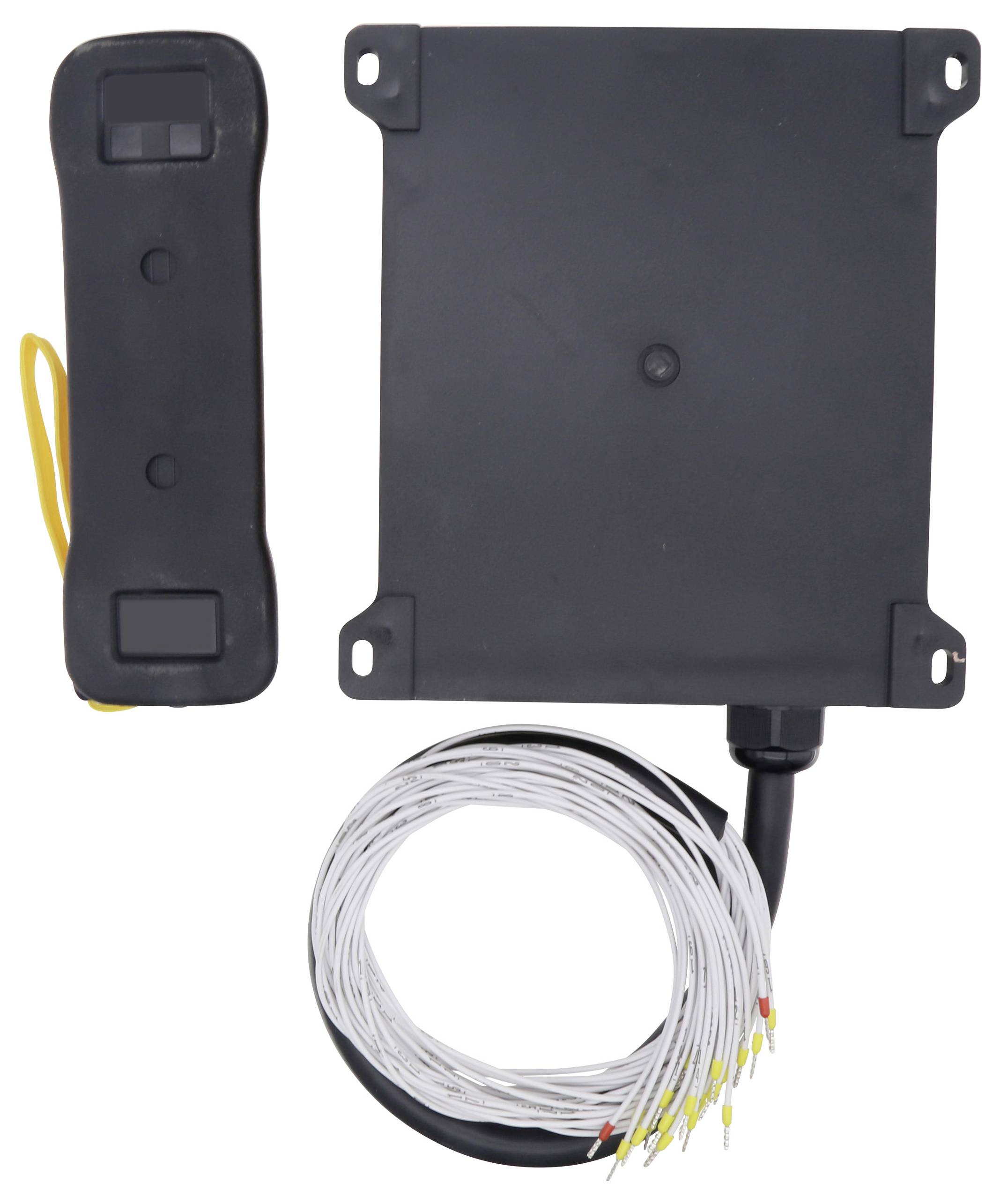 Un dispositivo elettronico comprendente un'unità principale nera rettangolare con linguette di montaggio, un telecomando portatile e un cavo a spirale collegato.