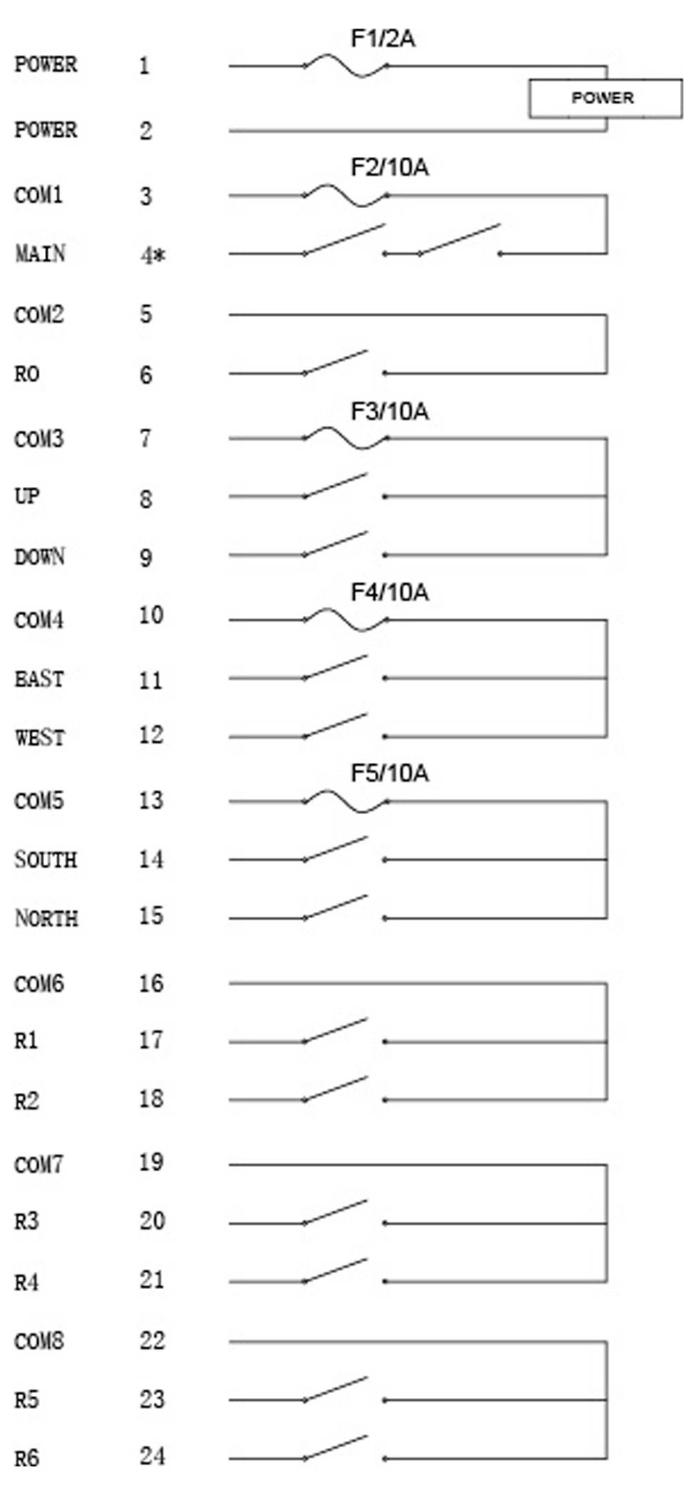 Diagramma di circuito elettrico che mostra interruttori e relè etichettati 'ALIMENTAZIONE', 'PRINCIPALE' e numerati da 1 a 23 con connessioni del circuito.