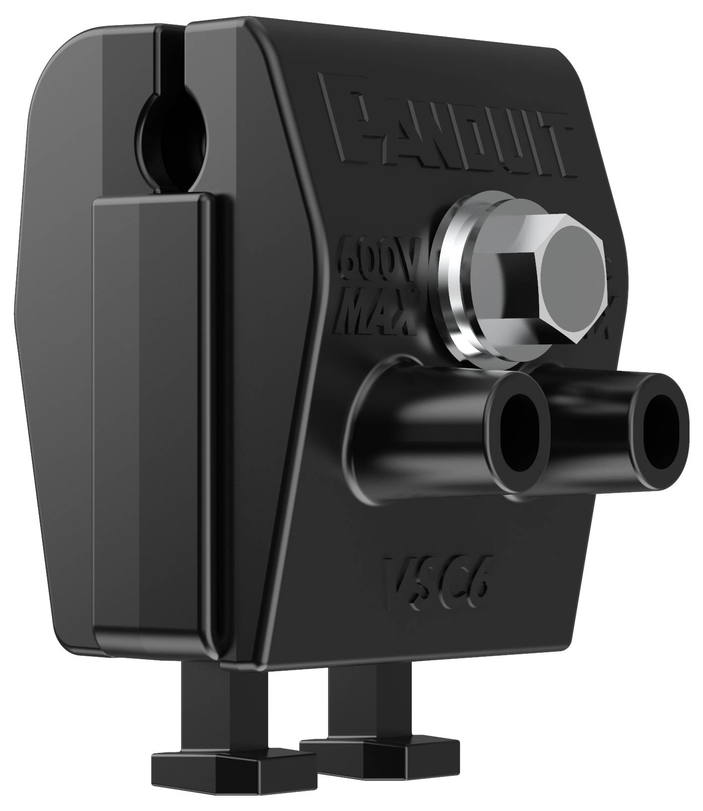 Vista frontale di un connettore elettrico nero con etichetta '600V MAX' e bullone esagonale, con doppi fori di uscita per il cablaggio.