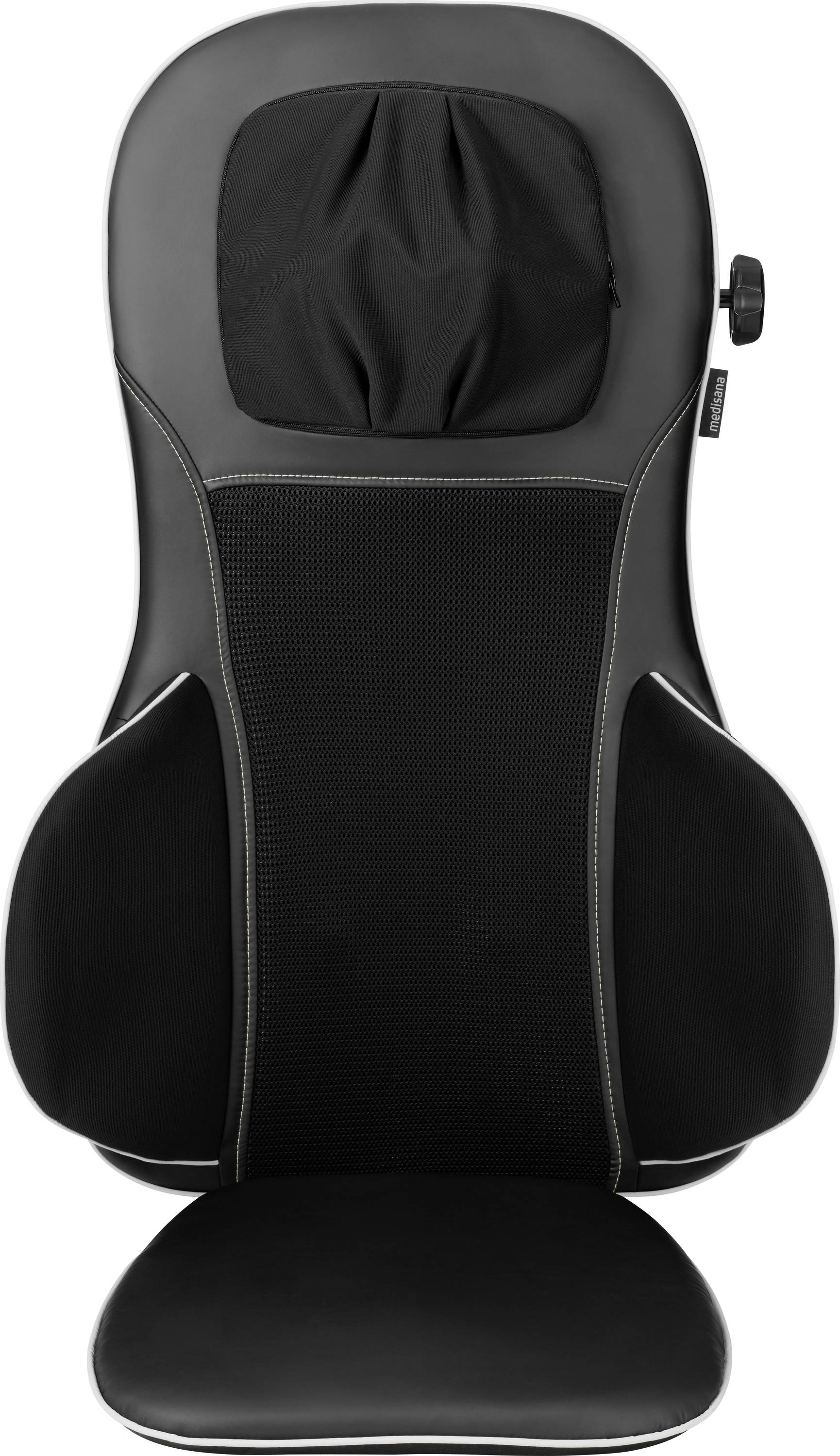 Un cuscino per sedia da massaggio nero e grigio con poggiatesta regolabile e manopola di controllo, progettato per una seduta ergonomica e un supporto per la schiena.
