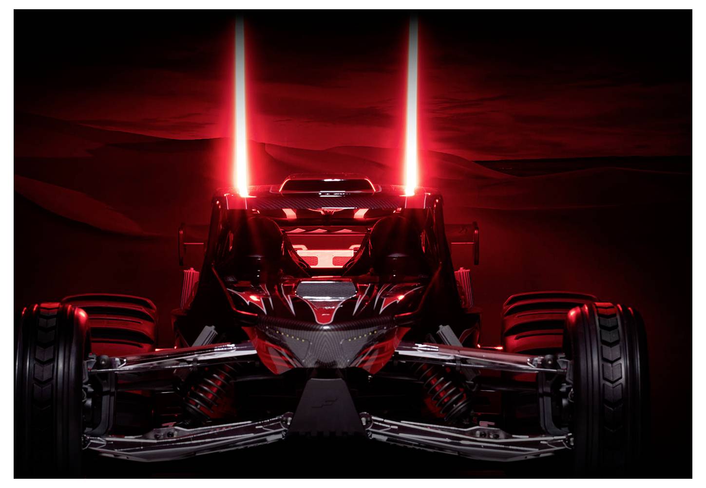 Un veicolo futuristico nero con due luci rosse che brillano, simili a raggi laser, emette un aspetto elegante e high-tech su uno sfondo scuro.