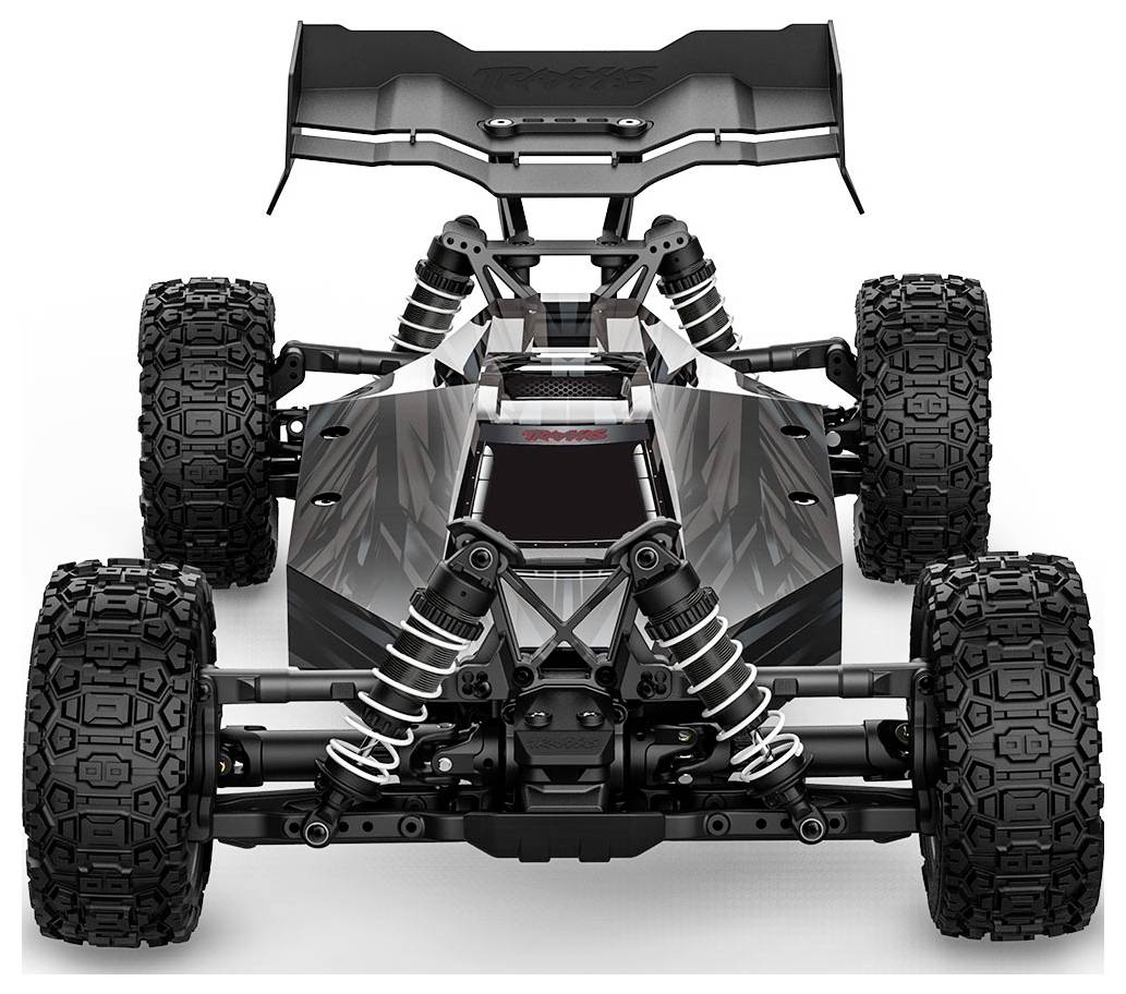 'Auto radiocomandata con pneumatici fuoristrada di grandi dimensioni, sistema di sospensioni robusto e design aerodinamico, vista frontale.'