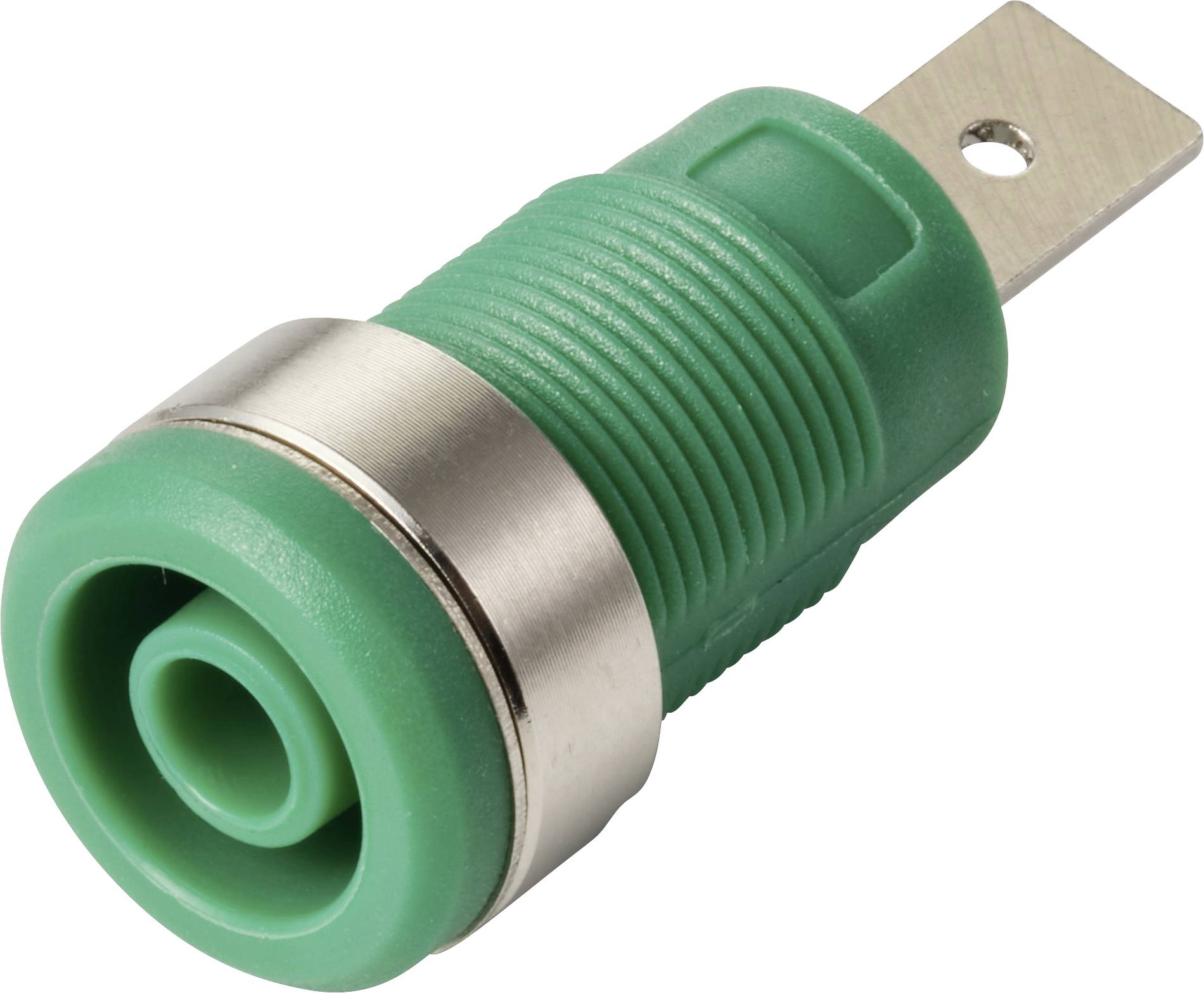 Un componente elettrico verde e metallico di forma cilindrica con linguetta metallica piatta, probabilmente un connettore di alimentazione o un terminale.