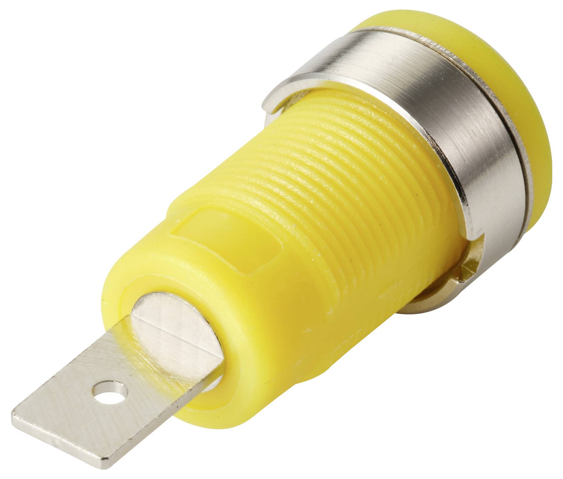 Un componente metallico a spina di colore giallo e argento, di forma cilindrica, utilizzato per connessioni elettriche. È dotato di una linguetta con un foro per il fissaggio.