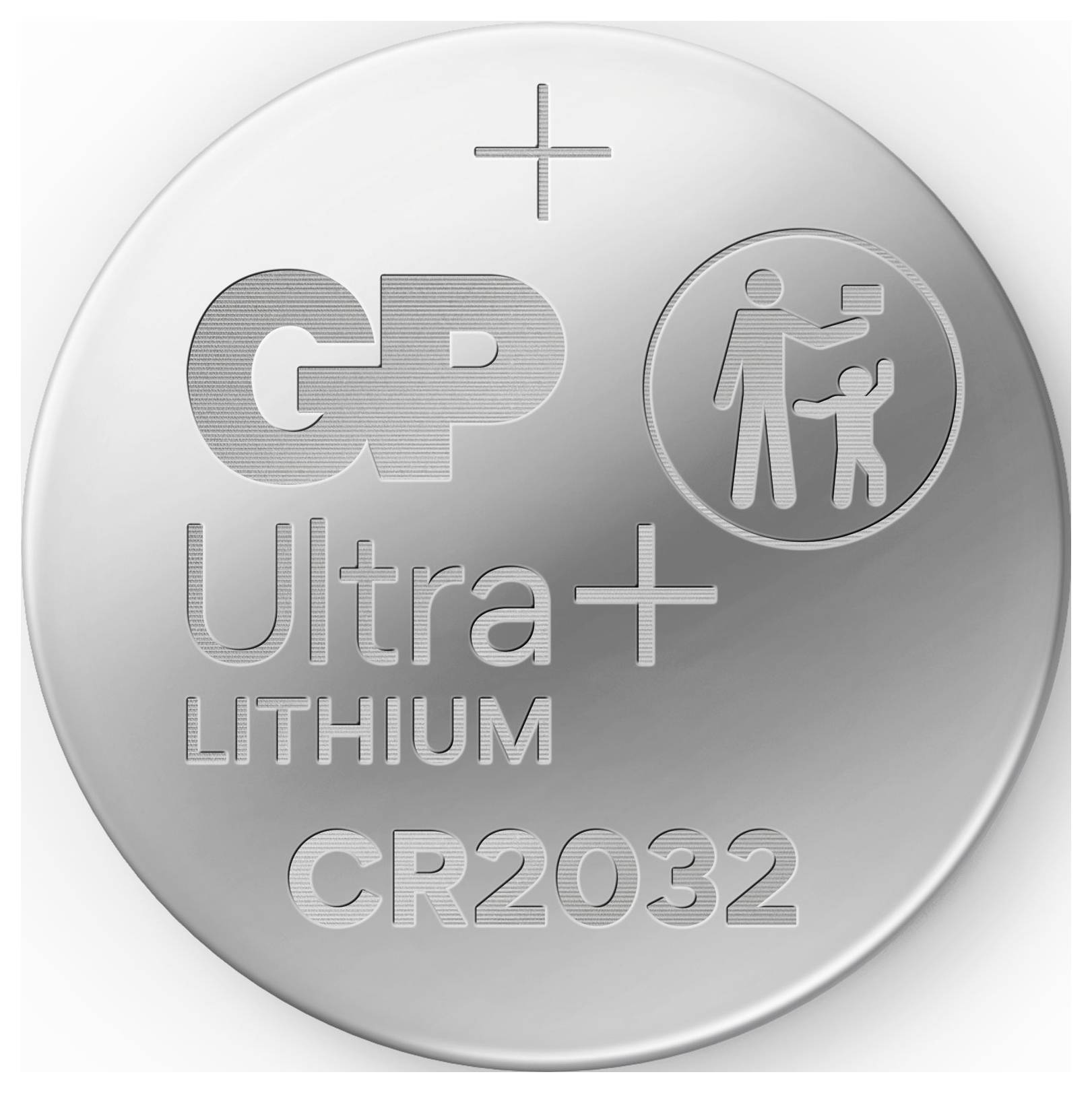 Batteria al litio circolare etichettata 'GP Ultra Lithium CR2032' con un'icona di sicurezza che indica 'tenere fuori dalla portata dei bambini'.