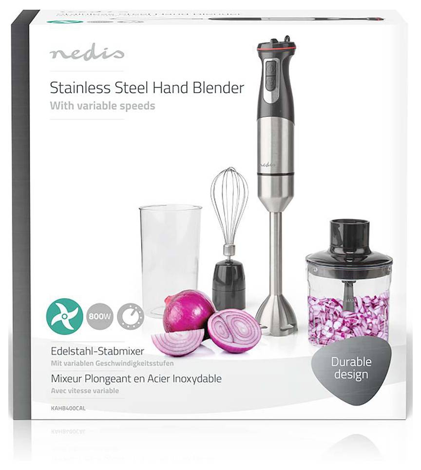 Set 'Nedis Frullatore a Immersione in Acciaio Inossidabile' include un frullatore, frusta, bicchiere dosatore e tritatutto con cipolle tritate. Dotato di velocità variabili.