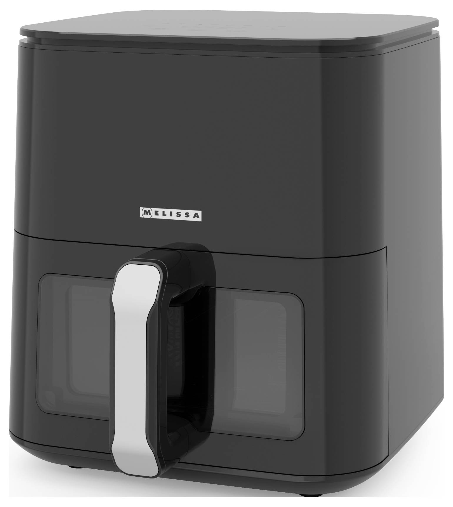 Un'air fryer nera rettangolare con un manico frontale e un display schermo trasparente. Il nome del marchio è stampato sul davanti.