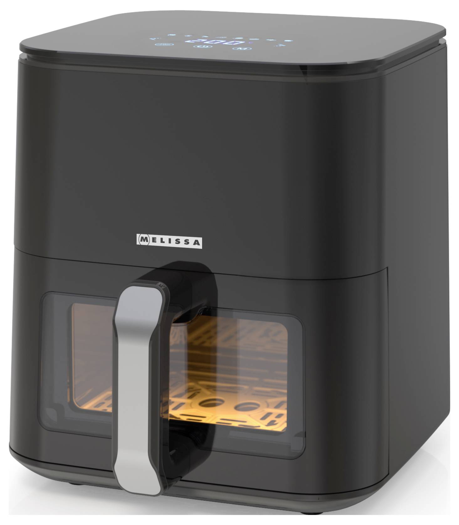 Un'aria friggitrice nera con una finestra trasparente che mostra la luce all'interno, con il marchio 'Melissa' sul frontale e un display digitale in alto.