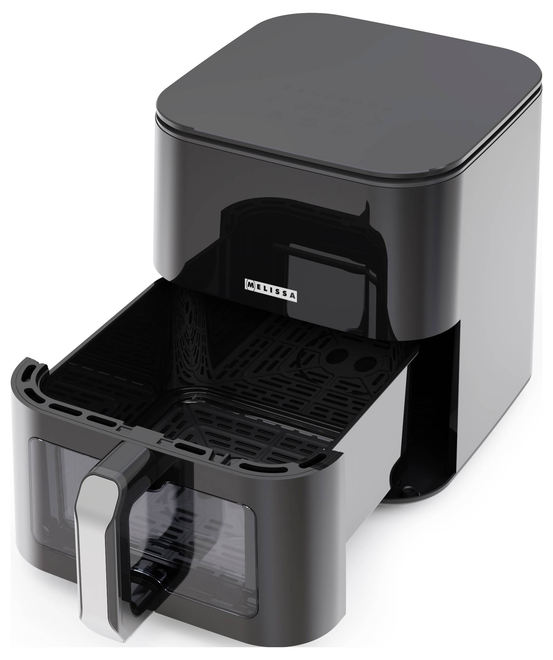 Un moderno friggitrice ad aria di colore nero con un cestello estraibile, mostrato leggermente aperto. Presenta un design elegante e un pannello di controllo digitale sulla parte superiore.