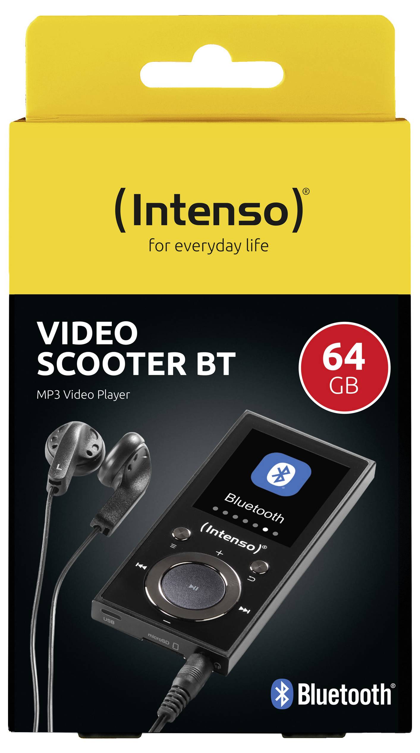 Confezione del lettore MP3 video 'Intenso Video Scooter BT' in giallo. Caratteristiche: connettività Bluetooth, memoria da 64 GB e cuffie incluse.