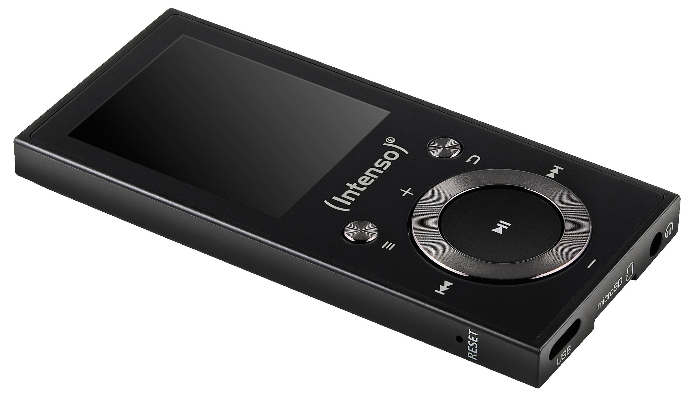 Un lettore multimediale portatile nero con schermo e pad di controllo circolare, che riporta il nome del marchio 'Intenso'.