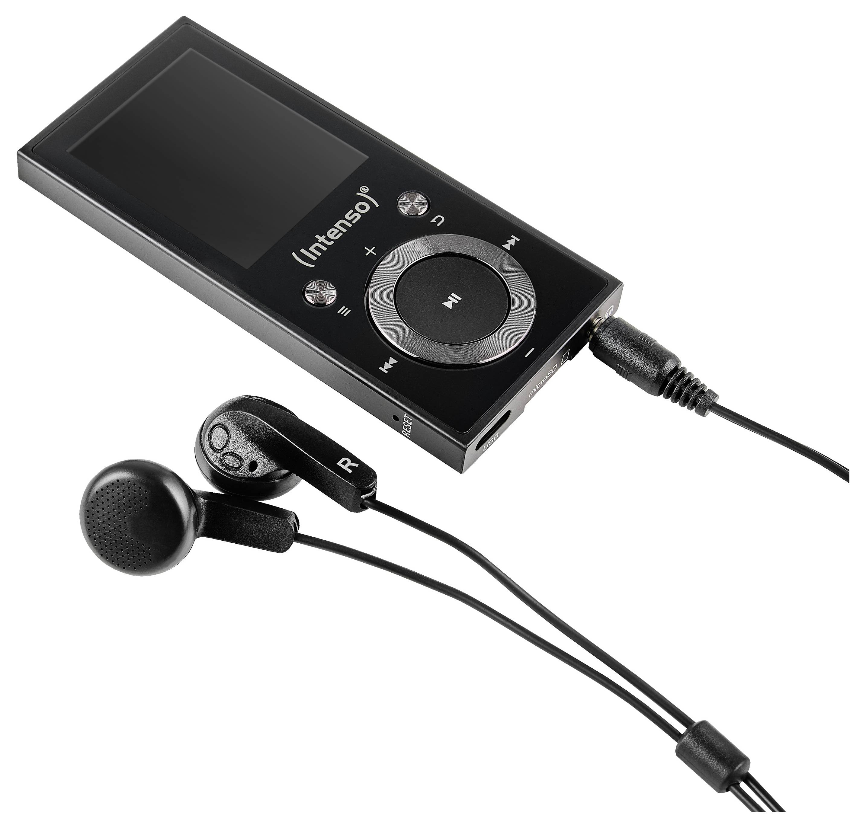 Un lettore multimediale portatile nero con gli auricolari collegati, dotato di un pad di controllo circolare e un piccolo schermo.