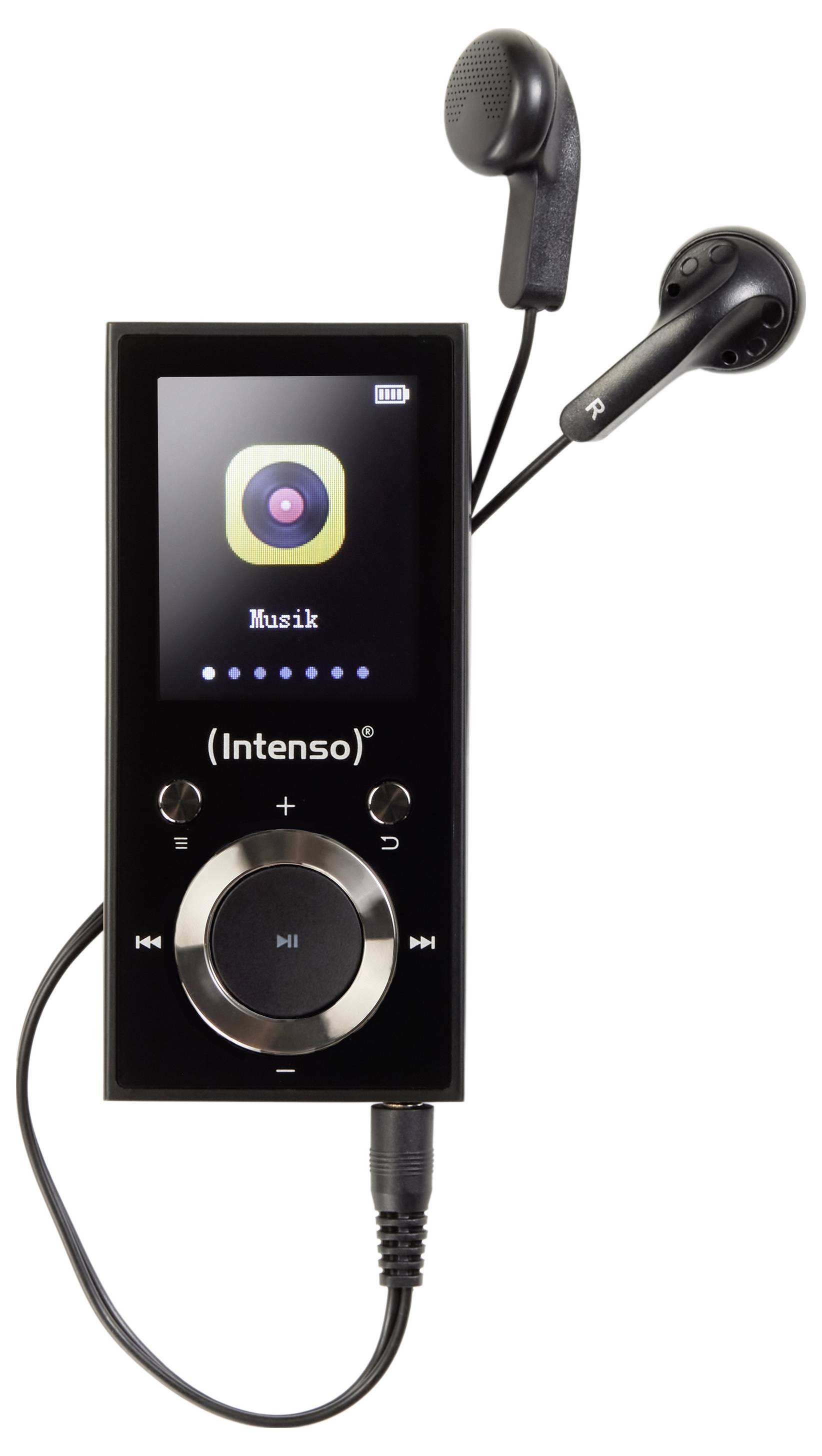 Lettore musicale portatile Nero Intenso con auricolari. Mostra 'Musik' sullo schermo. Dotato di un pad di controllo circolare con tasti per il volume e la riproduzione.