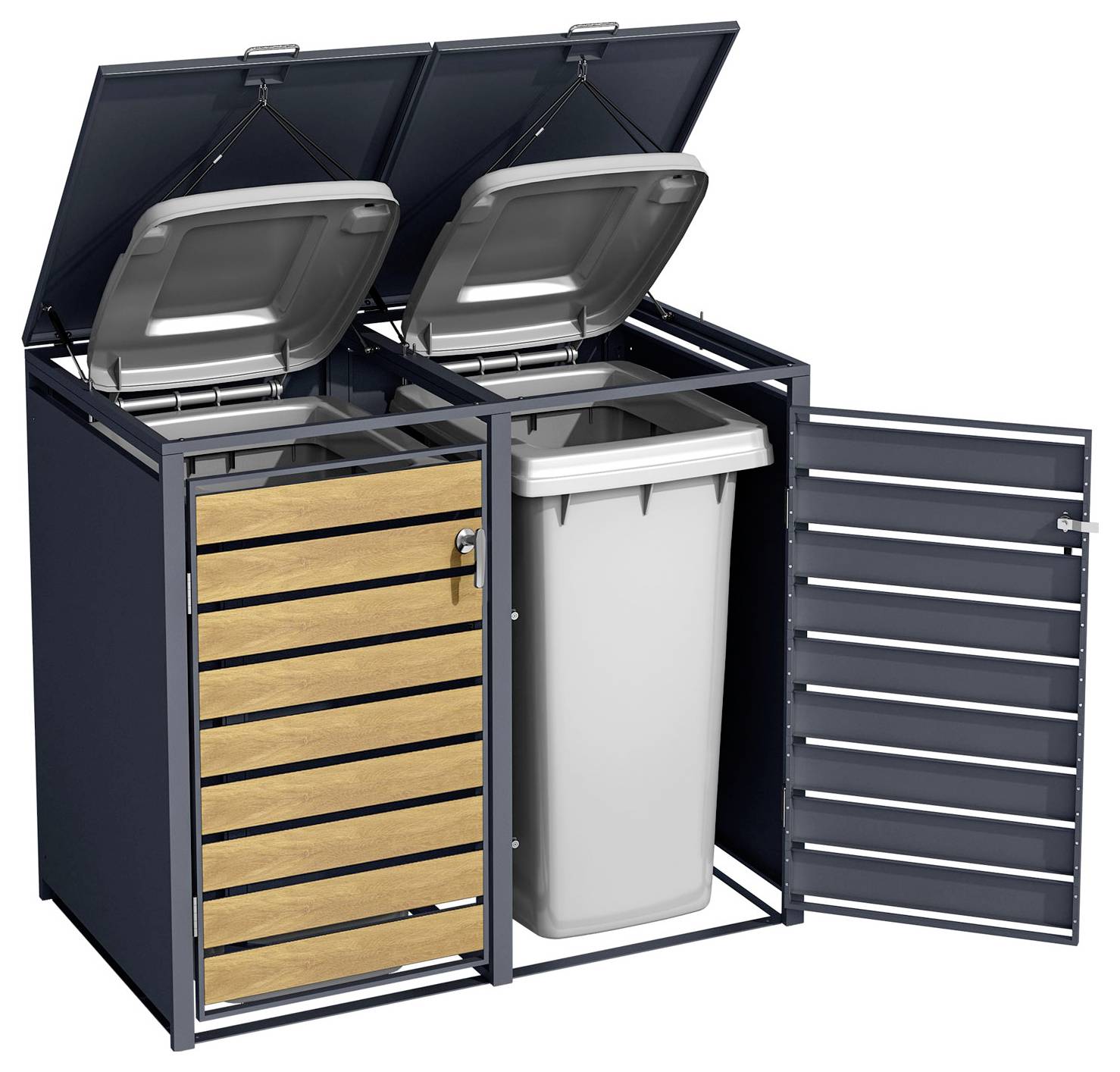'Cestino per rifiuti da esterno a doppio scomparto in metallo e legno con coperchi aperti e un contenitore rimosso, che mostra la capacità di stoccaggio e il design.'