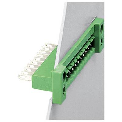 Un connettore elettrico verde attaccato a un pannello metallico, dotato di più pin per connessioni elettroniche, visto da un'angolazione.