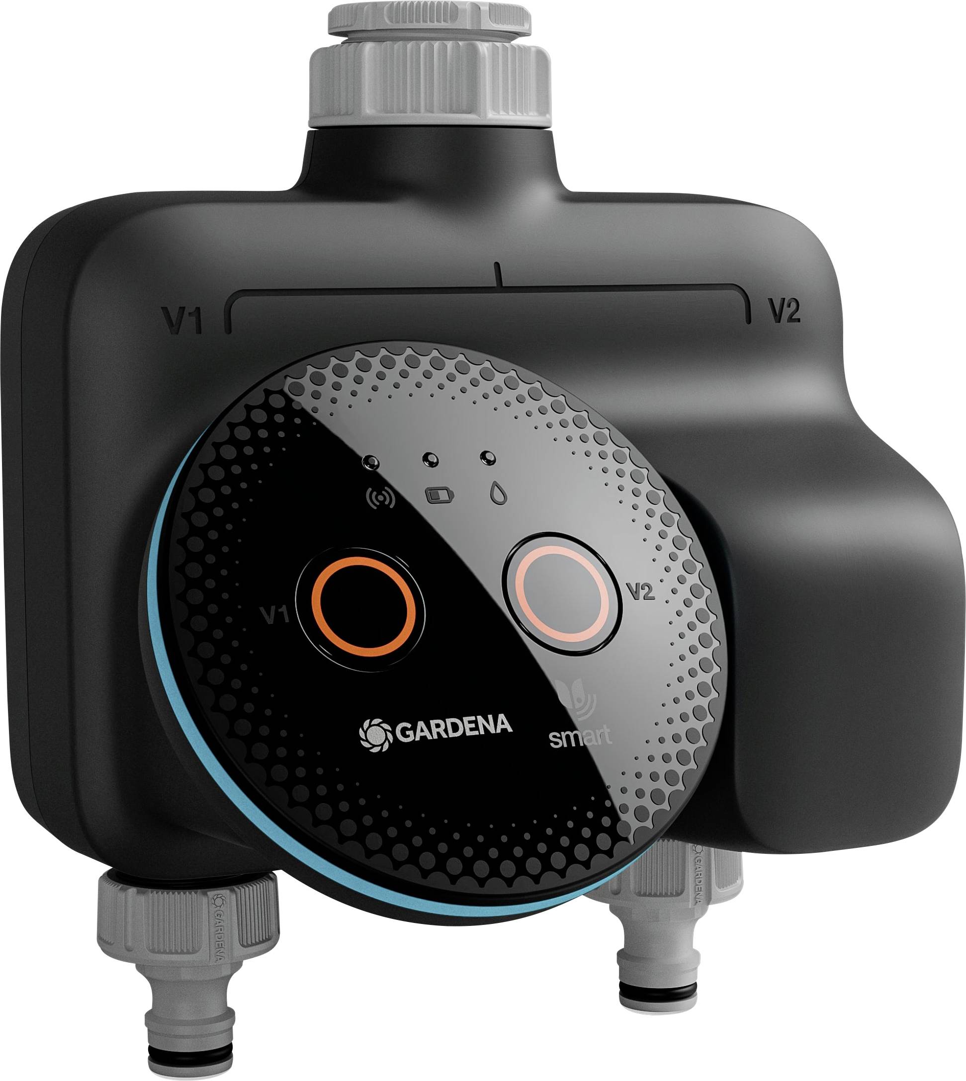 Un dispositivo di controllo dell'acqua a doppia uscita con marchio 'Gardena smart' e due pulsanti di controllo circolari per la gestione del flusso dell'acqua, etichettati V1 e V2.