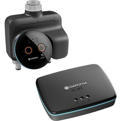 Sistema di controllo dell'irrigazione 'Gardena smart' con distributore d'acqua e hub intelligente, progettato per l'automazione efficiente dell'innaffiamento del giardino.