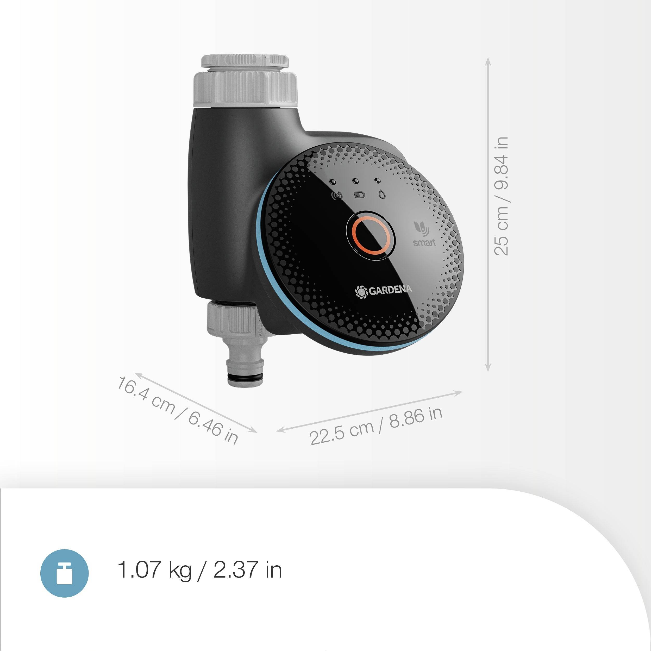Dispositivo 'GARDENA smart Water Control' con dimensioni 25 cm x 22,5 cm x 16,4 cm e peso di 1,07 kg.