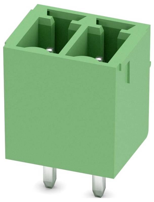 Un connettore a morsettiera doppia verde con due slot e piedini metallici che si estendono dal basso.