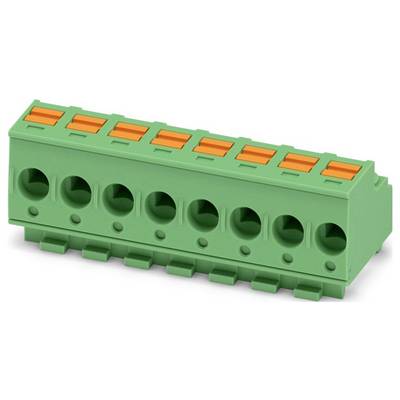 Un blocco di morsetti elettrici verde con otto porte di connessione e leve arancioni.