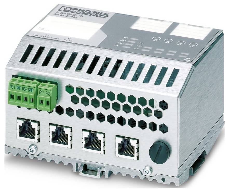 Dispositivo switch di rete con quattro porte Ethernet e morsettiere verdi, progettato per uso industriale. Marchio 'Phoenix Contact'.