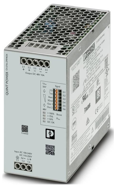 Un'unità di alimentazione industriale in argento con parte superiore ventilata, connessioni terminali etichettate "Output DC 48V 10A", ingresso etichettato "100-240V".