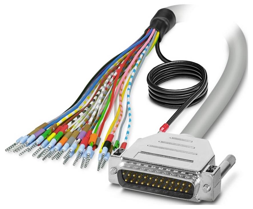 Un assemblaggio di cavo multicolore con connettore DB25 e numerosi fili individuali con estremità di colori unici, utilizzato per connessioni complesse.