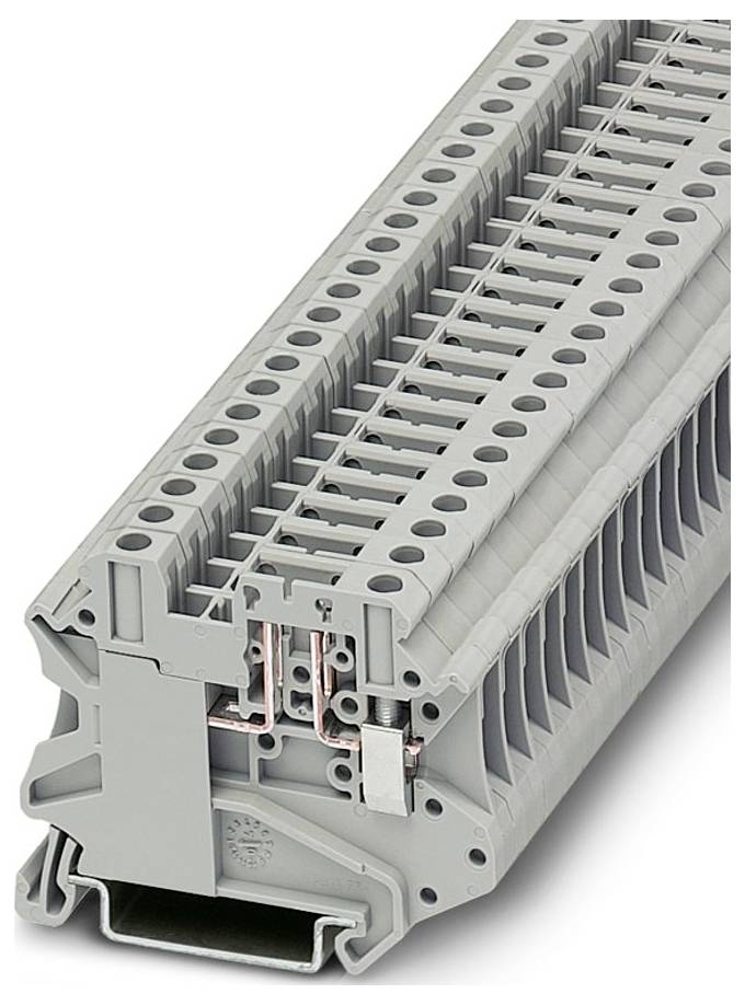 Un blocco terminale grigio con molteplici punti di connessione per il cablaggio elettrico. Presenta un alloggiamento protettivo e percorsi conduttivi.