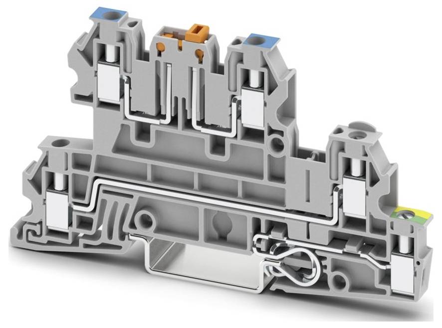Un blocco terminale grigio con componenti colorati in alto per i collegamenti elettrici, caratterizzato da molteplici slot di cablaggio e un meccanismo di montaggio.