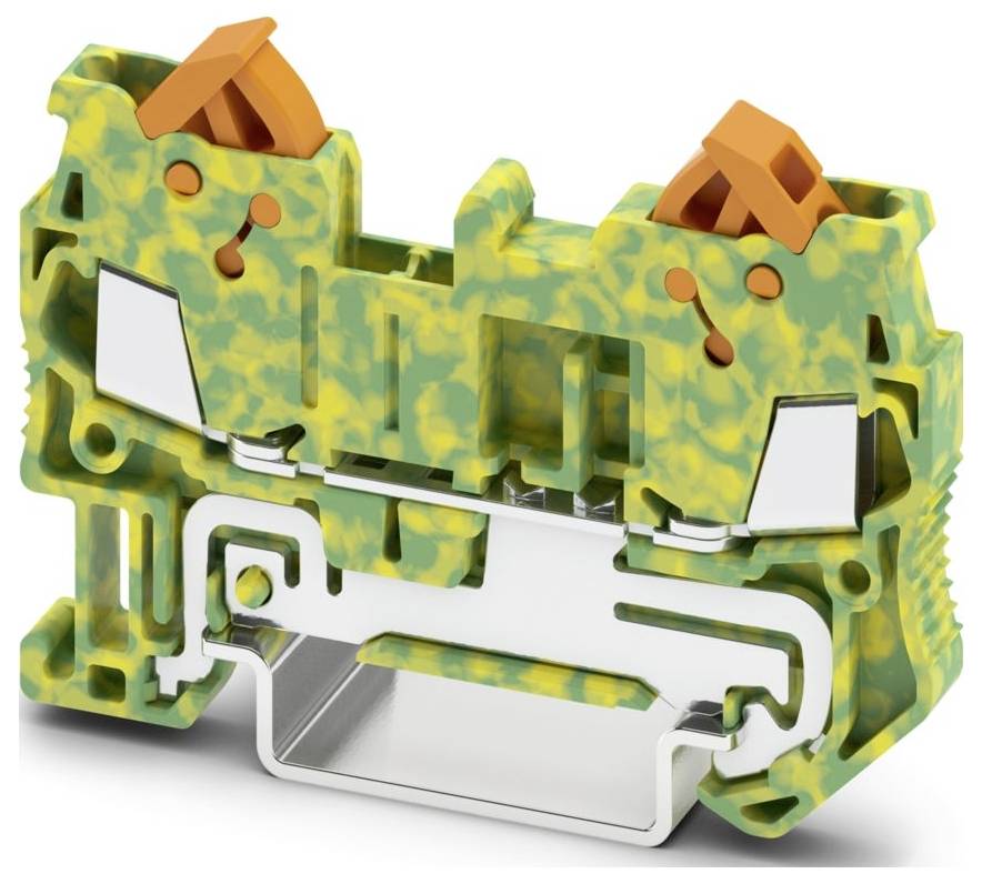 Un componente elettrico intricatamente progettato di colore verde e giallo con accenti arancioni, utilizzato per fissare e organizzare i cavi.
