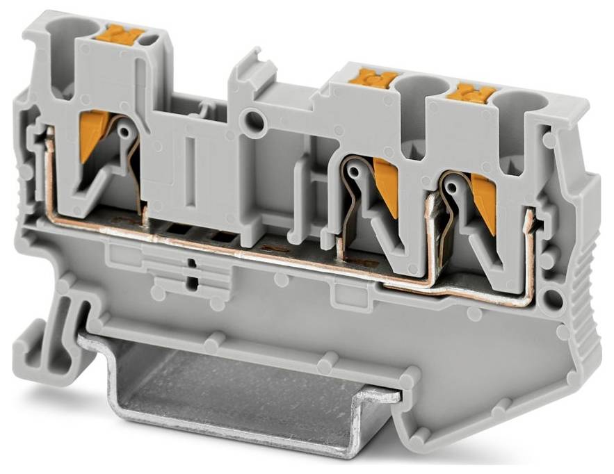 Un blocco terminale elettrico grigio e arancione con molteplici punti di connessione e una base metallica, utilizzato per fissare e organizzare il cablaggio.