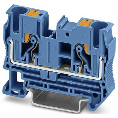 Un blocco terminale in plastica blu e metallo con accenti arancioni, utilizzato per fissare le connessioni elettriche nelle applicazioni industriali.