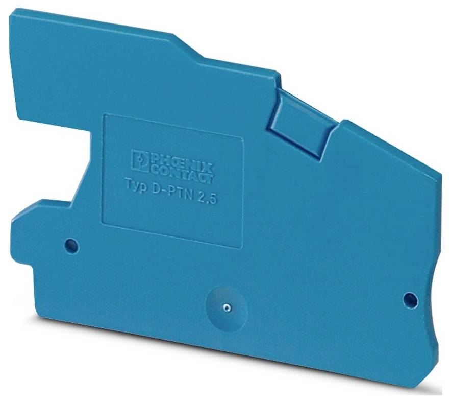 Un morsetto a blocco di colore blu turchese della Phoenix Contact, tipo D-PTN 2.5, che mostra il suo design compatto utilizzato tipicamente per le connessioni elettriche.