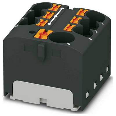 Un blocco terminale elettrico nero e grigio con molteplici punti di connessione arancioni per gli ingressi e le uscite del cablaggio.