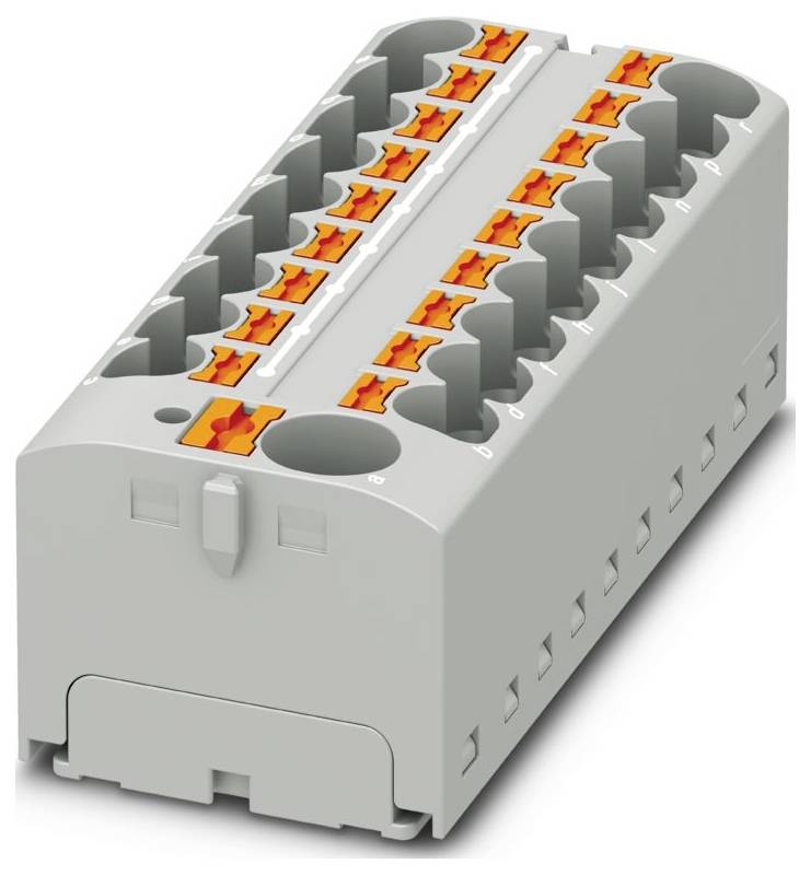 Un blocco di morsetti elettrici grigio con molteplici leve arancioni per il collegamento dei fili, progettato per fissare e organizzare i fili.