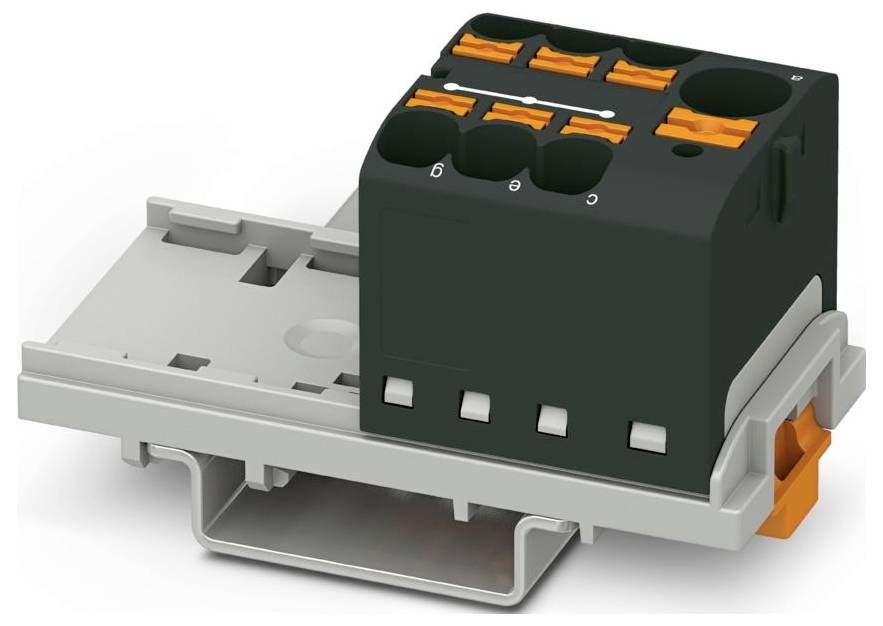 Blocco terminale modulare con più leve arancioni per il collegamento sicuro dei cavi; progettato per una facile installazione su un sistema di guida DIN.