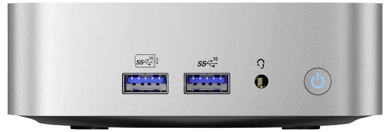 Un pannello frontale di un computer desktop in argento che mostra due porte USB, jack per le cuffie e pulsante di accensione.