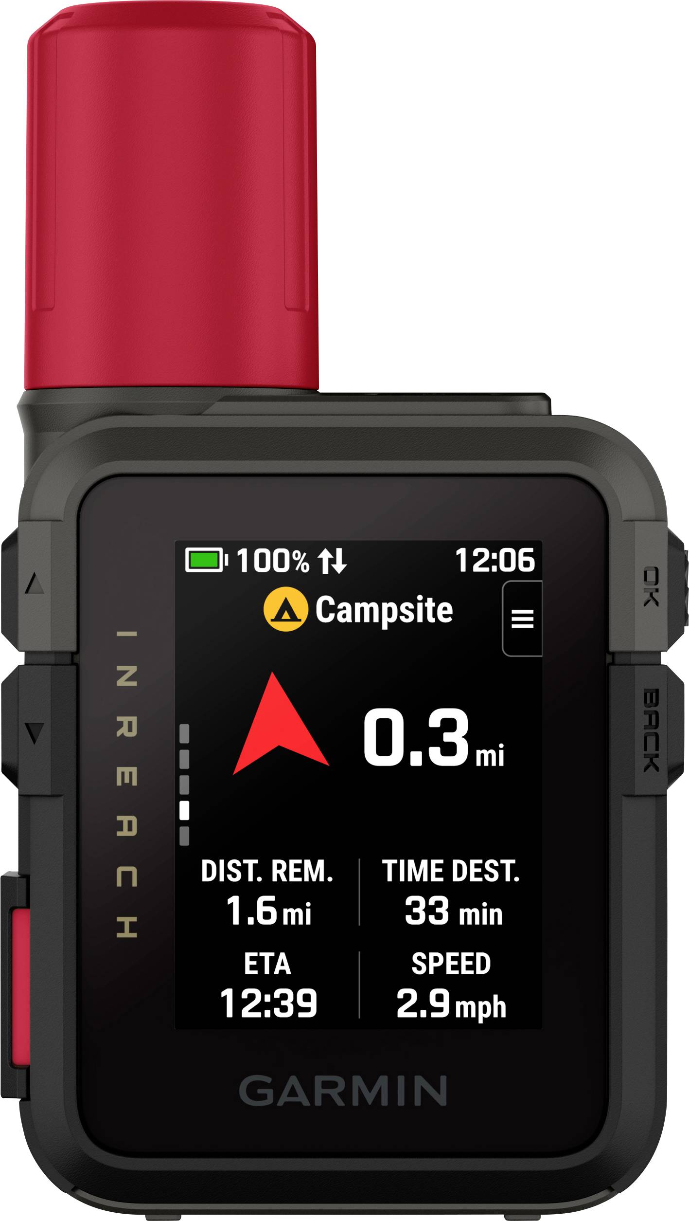 Dispositivo GPS Garmin che mostra la navigazione verso il 'Campeggio', distanza 0,3 miglia, tempo rimanente 33 minuti, velocità 2,9 miglia all'ora, ora di arrivo prevista 12:39.