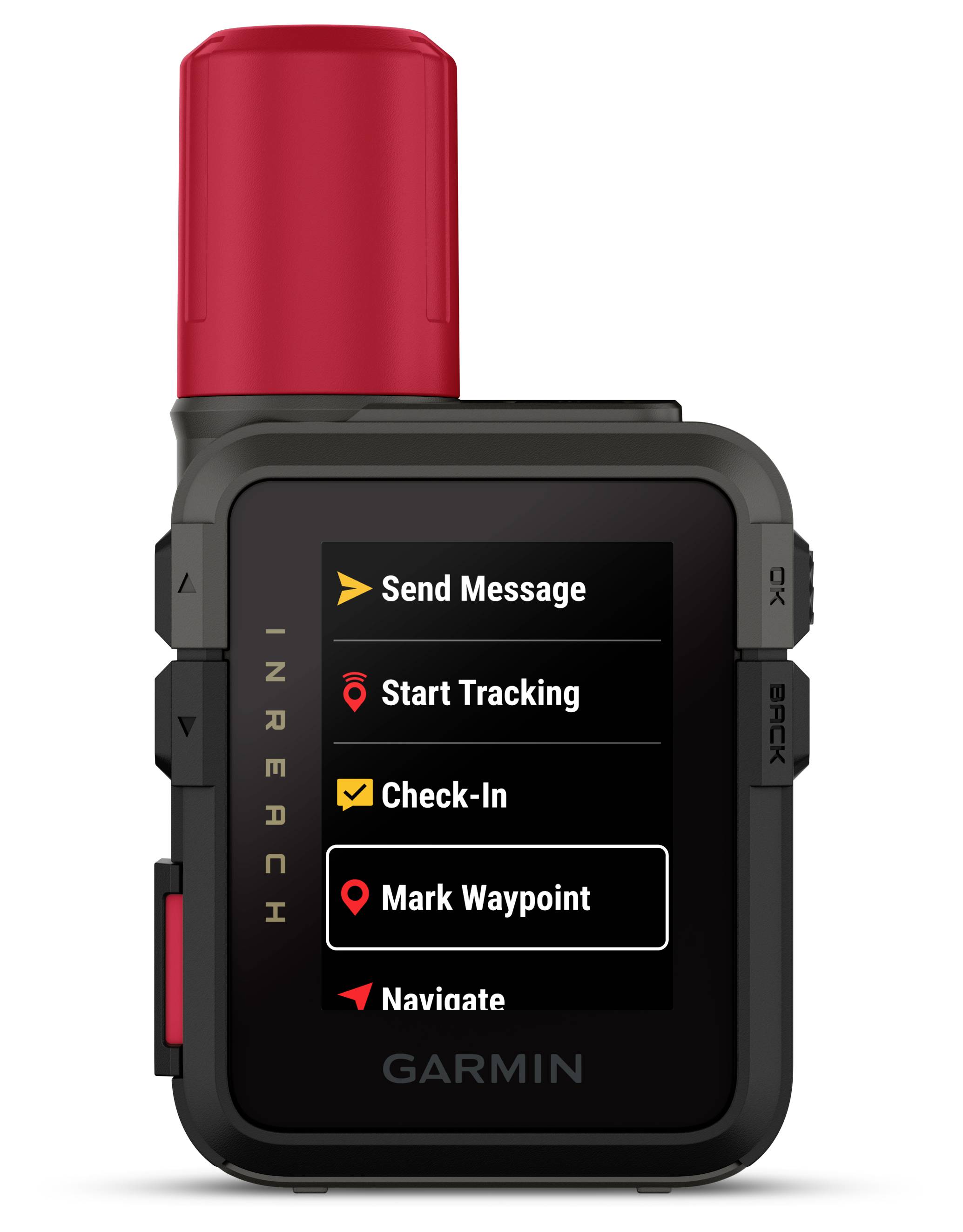 Dispositivo GPS portatile che mostra le opzioni sullo schermo: 'Invia Messaggio', 'Avvia Tracciamento', 'Check-In', 'Segna Punto di Riferimento', 'Naviga'.