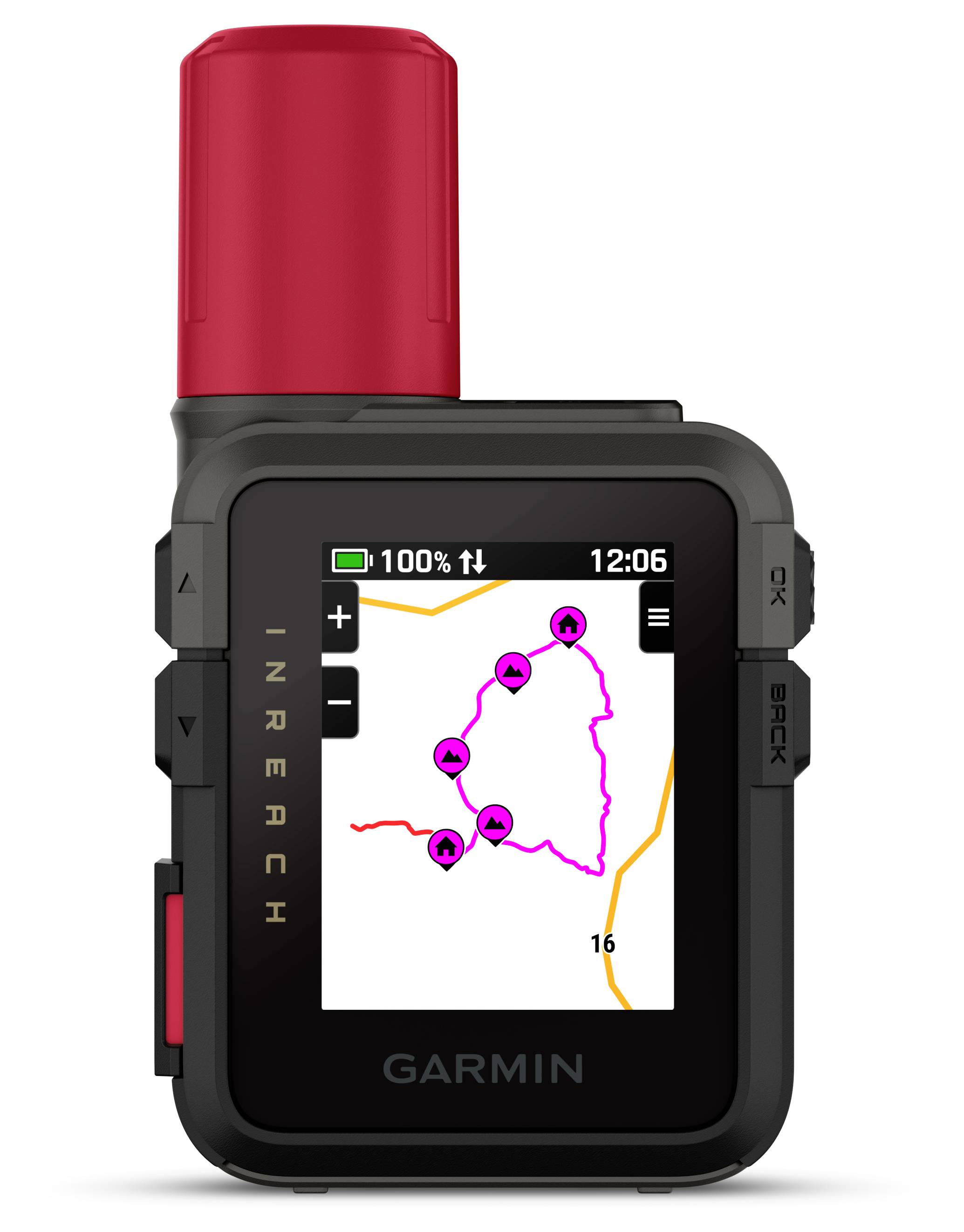 Dispositivo GPS portatile che mostra una mappa topografica con un percorso evidenziato. Lo schermo indica la batteria al 100% e l'ora delle 12:06.