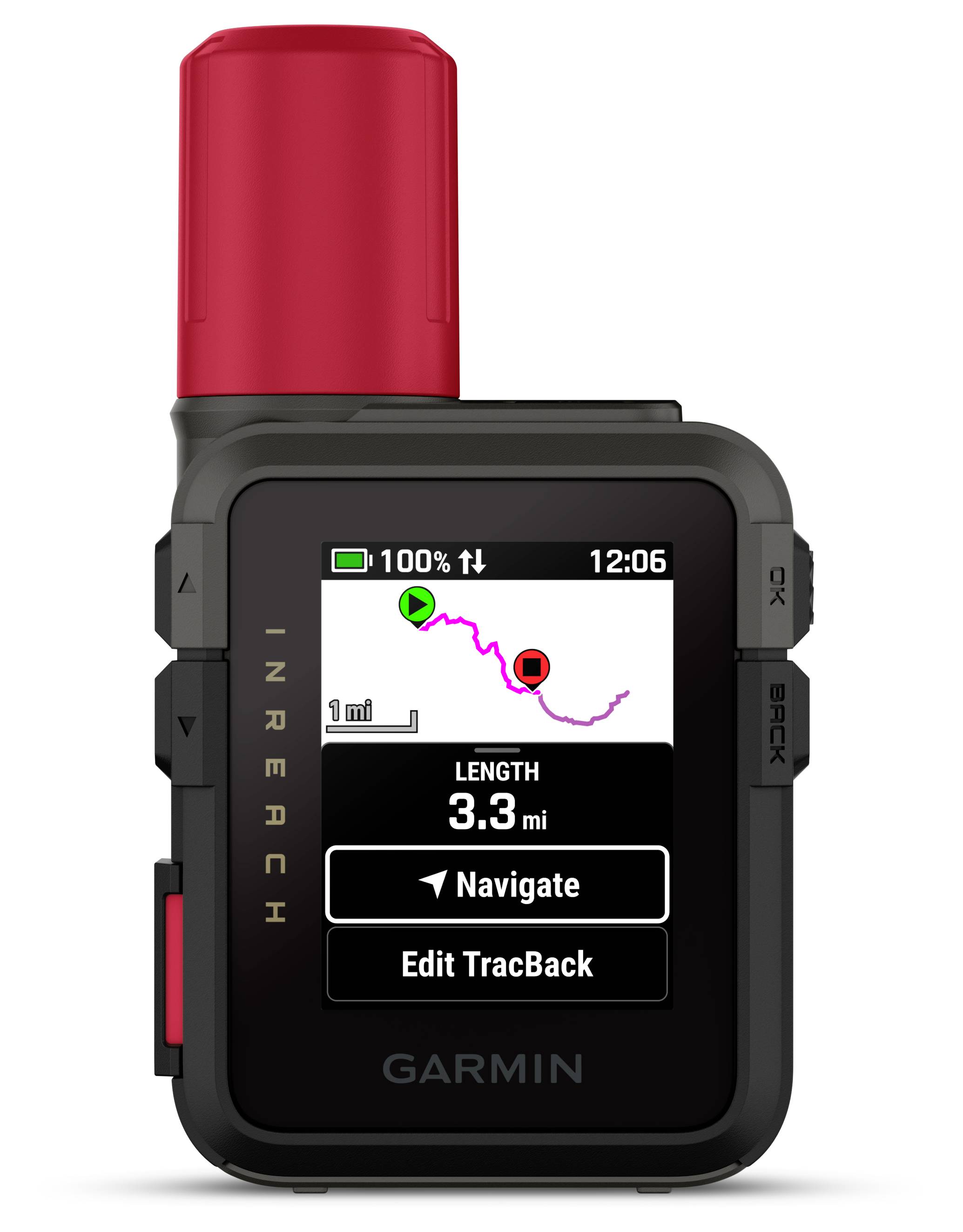 Dispositivo GPS portatile con schermo che mostra una rotta sulla mappa, indicante 'Lunghezza 3,3 mi' e opzioni per 'Navigare' o 'Modifica TracBack'.