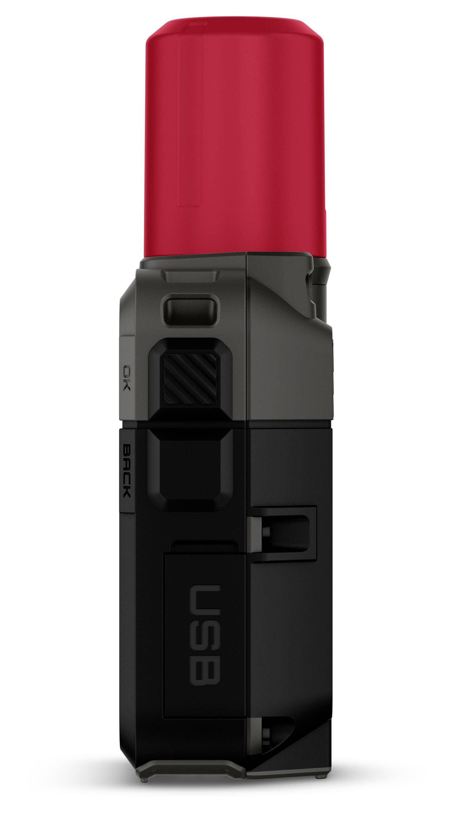 Un dispositivo USB nero e rosso dal design robusto, con un cappuccio prominente e sezioni etichettate per USB e altri componenti.